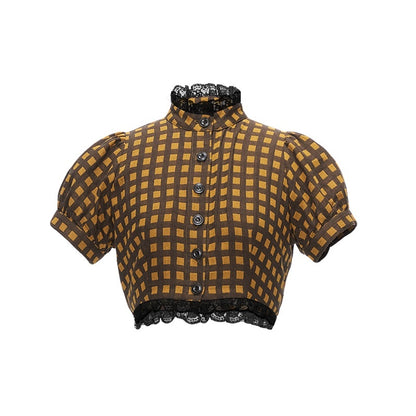 YOSHUYUKI_Yellow_Black_Plaid_Puff_Sleeve_Stand_Collar_Women&