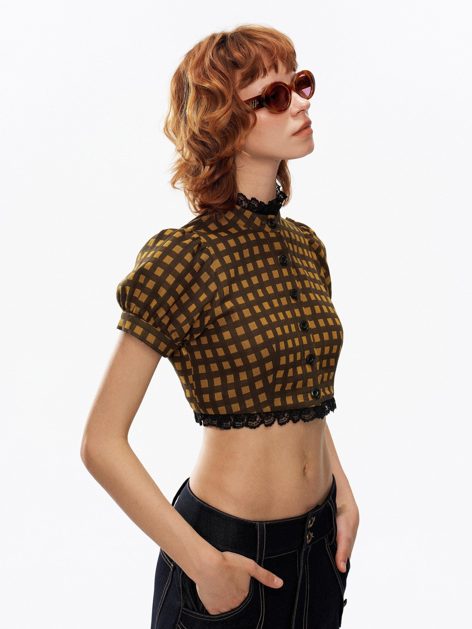 YOSHUYUKI Yellow Black Plaid Puff Sleeve Stand Collar Women&