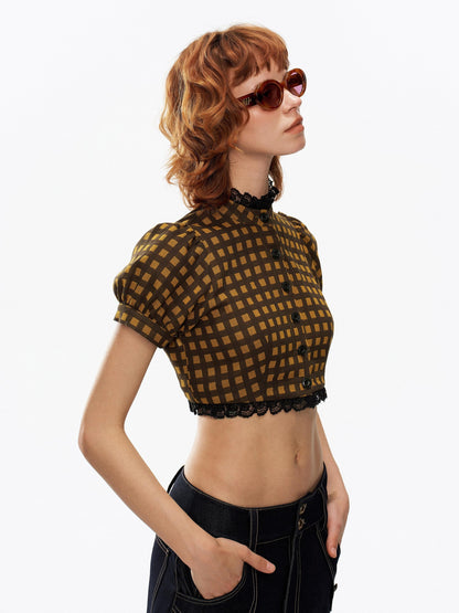 YOSHUYUKI Yellow Black Plaid Puff Sleeve Stand Collar Women&