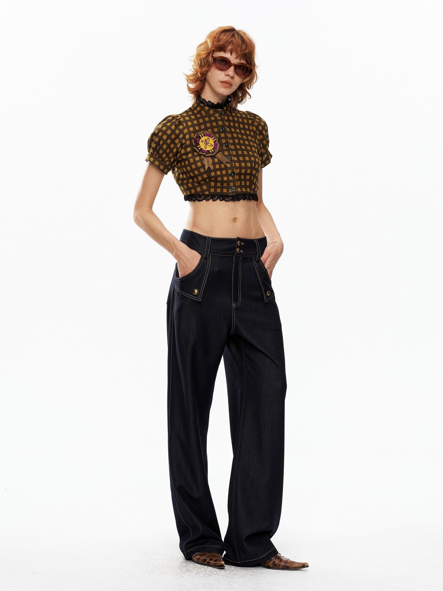 YOSHUYUKI Yellow Black Plaid Puff Sleeve Stand Collar Women&