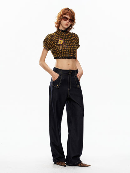 YOSHUYUKI Yellow Black Plaid Puff Sleeve Stand Collar Women&