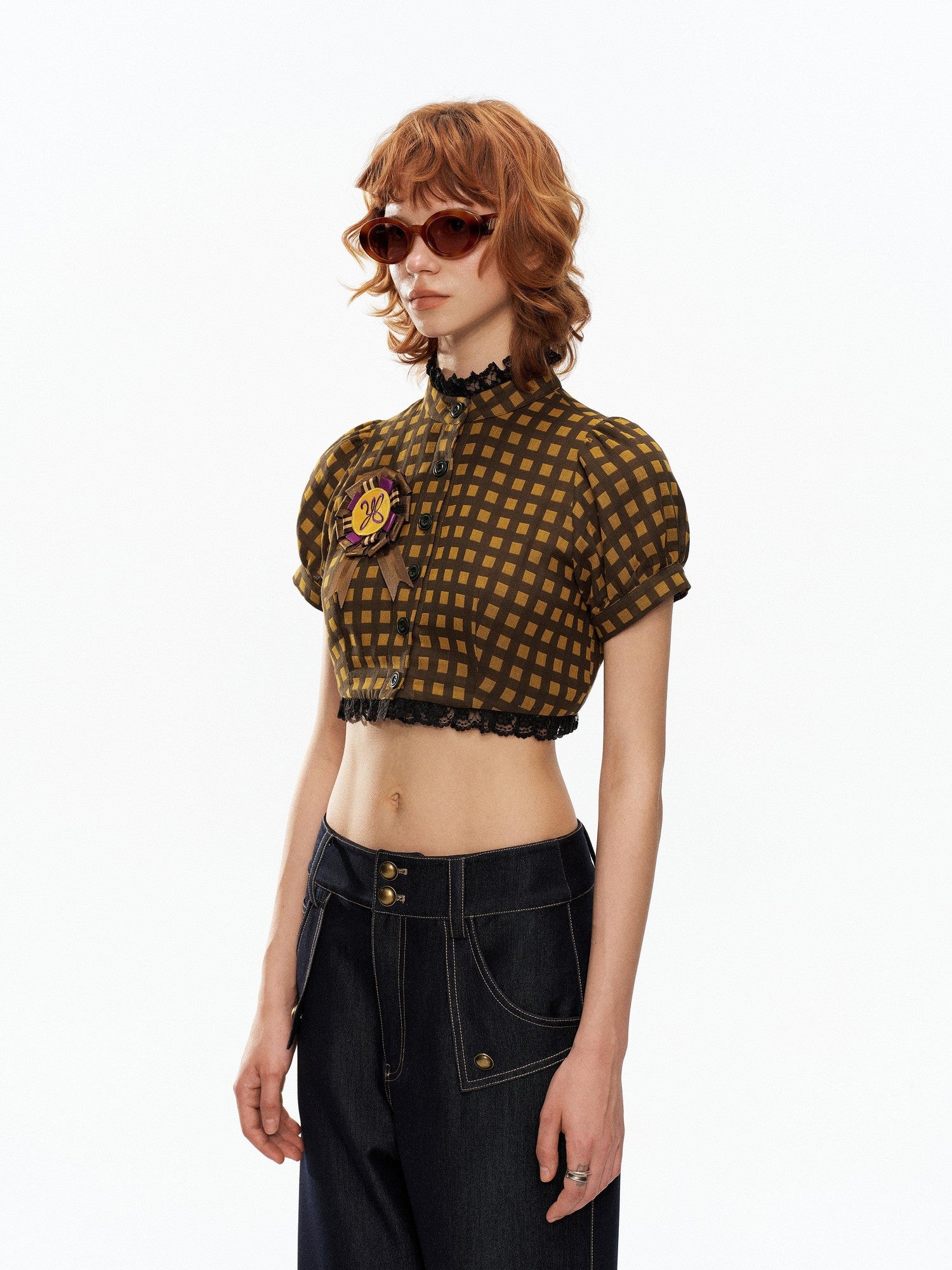 YOSHUYUKI Yellow Black Plaid Puff Sleeve Stand Collar Women&