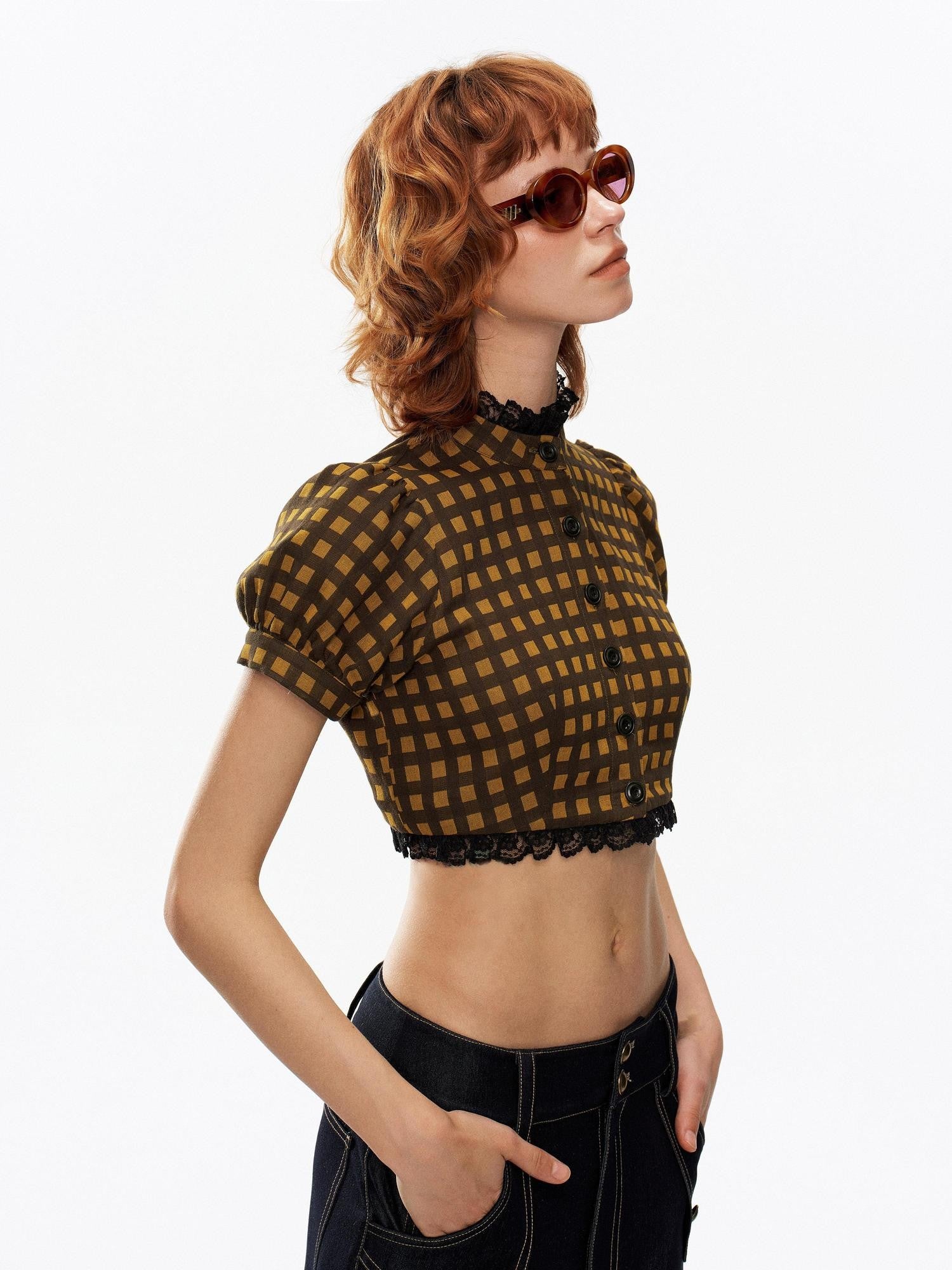 YOSHUYUKI Yellow Black Plaid Puff Sleeve Stand Collar Women&