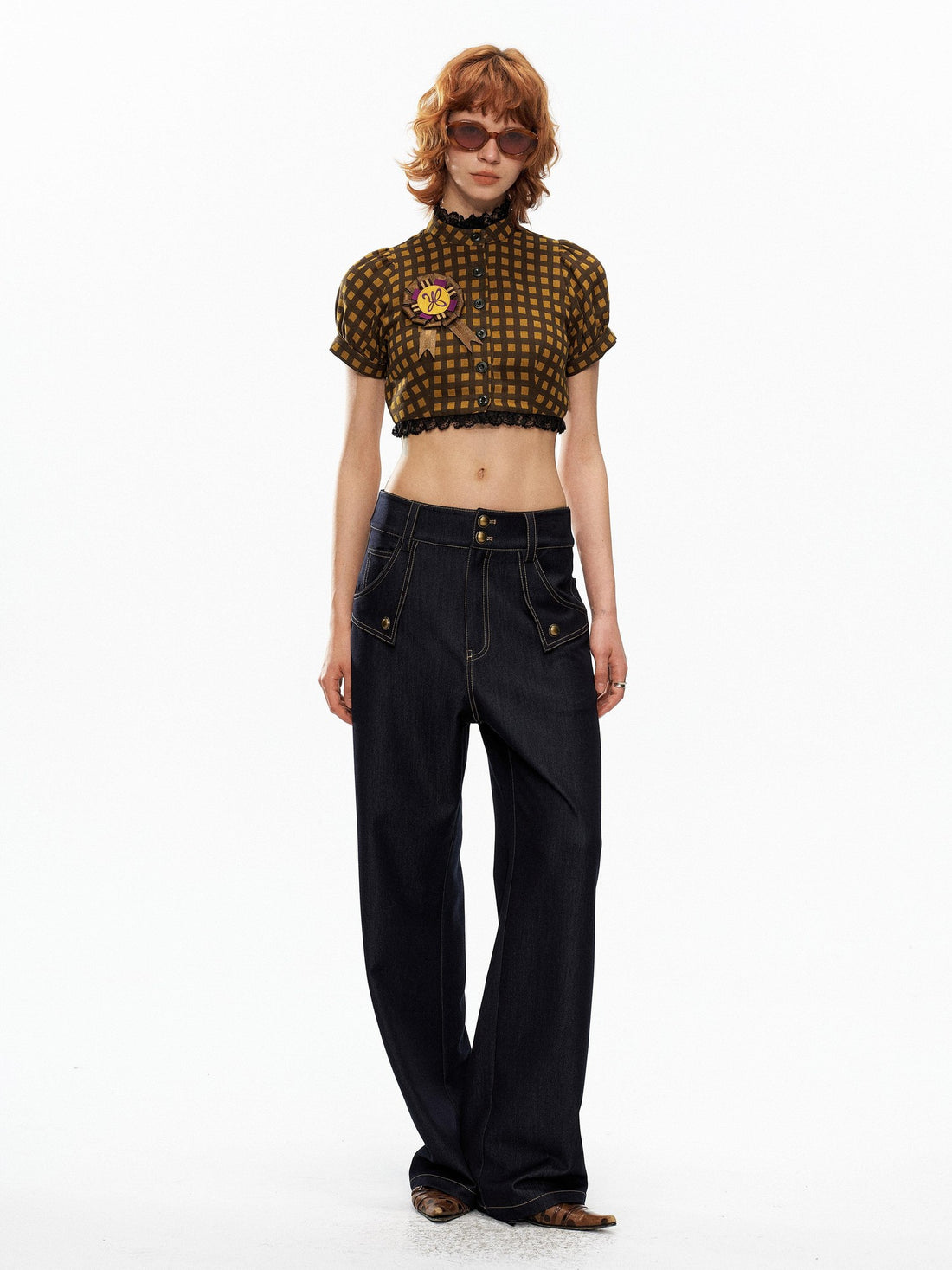 YOSHUYUKI Yellow Black Plaid Puff Sleeve Stand Collar Women&
