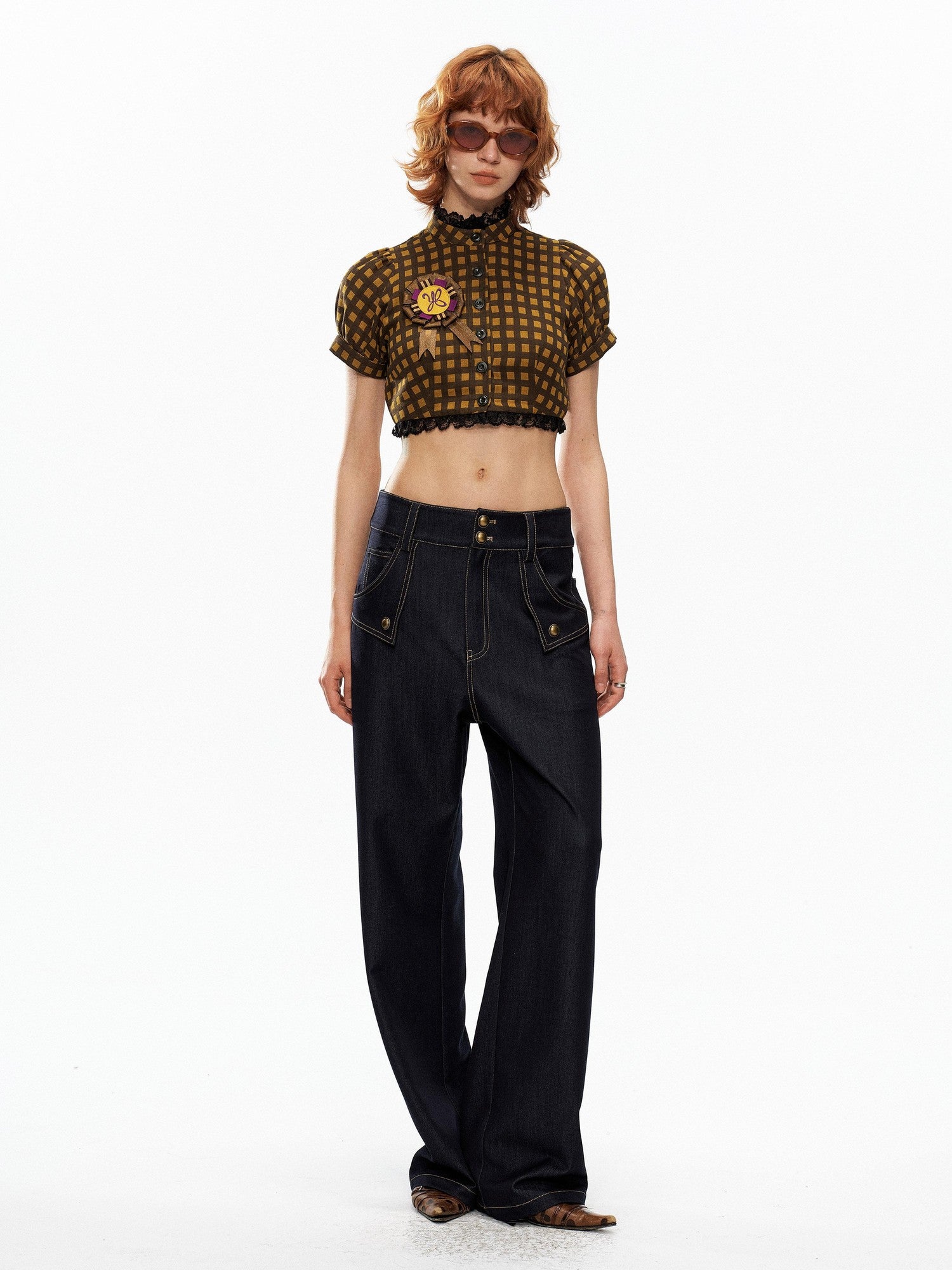 YOSHUYUKI Yellow Black Plaid Puff Sleeve Stand Collar Women&