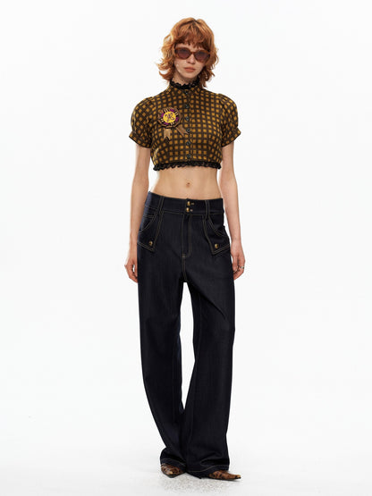 YOSHUYUKI Yellow Black Plaid Puff Sleeve Stand Collar Women&