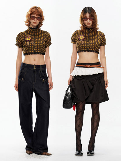 YOSHUYUKI Yellow Black Plaid Puff Sleeve Stand Collar Women&