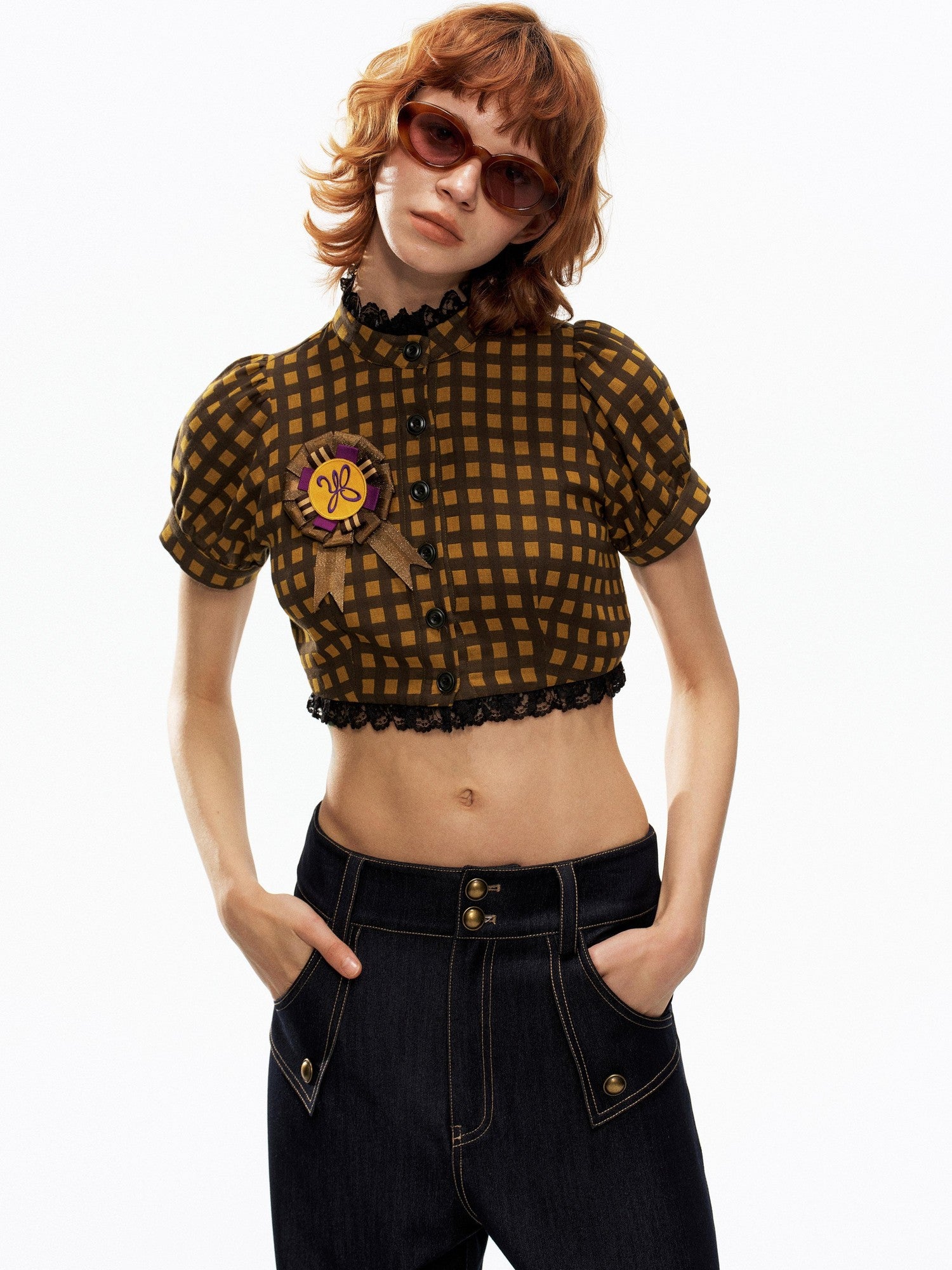 YOSHUYUKI Yellow Black Plaid Puff Sleeve Stand Collar Women&