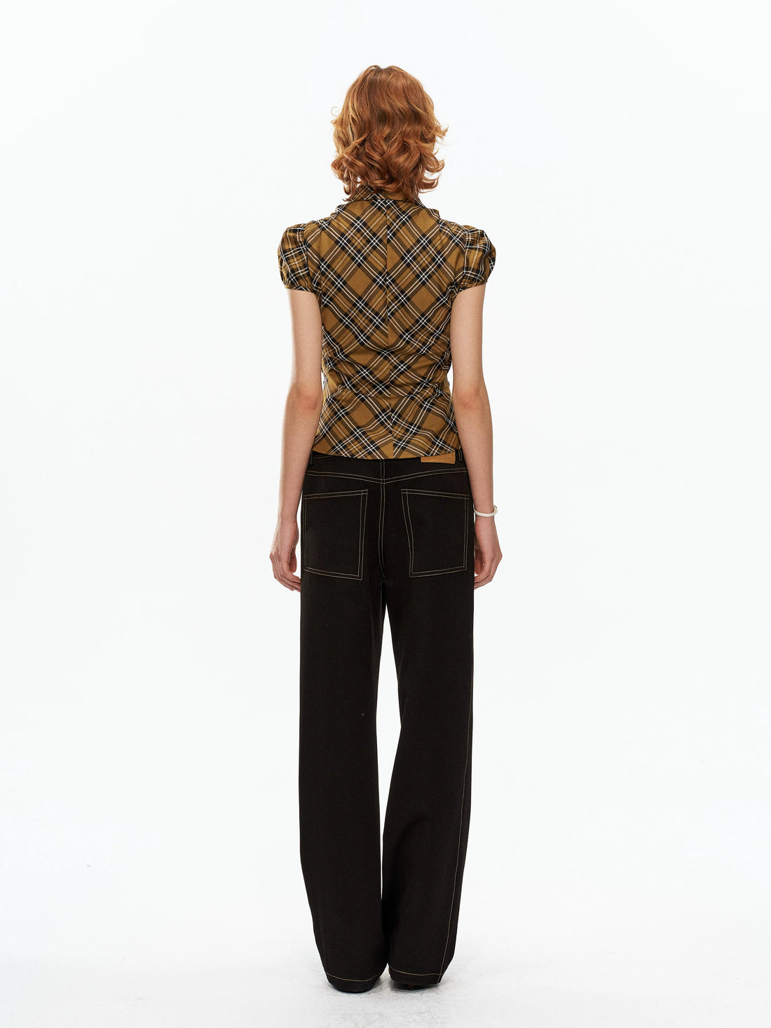 YOSHUYUKI Yellow Black Plaid Ruched Stretch Fitted Women&