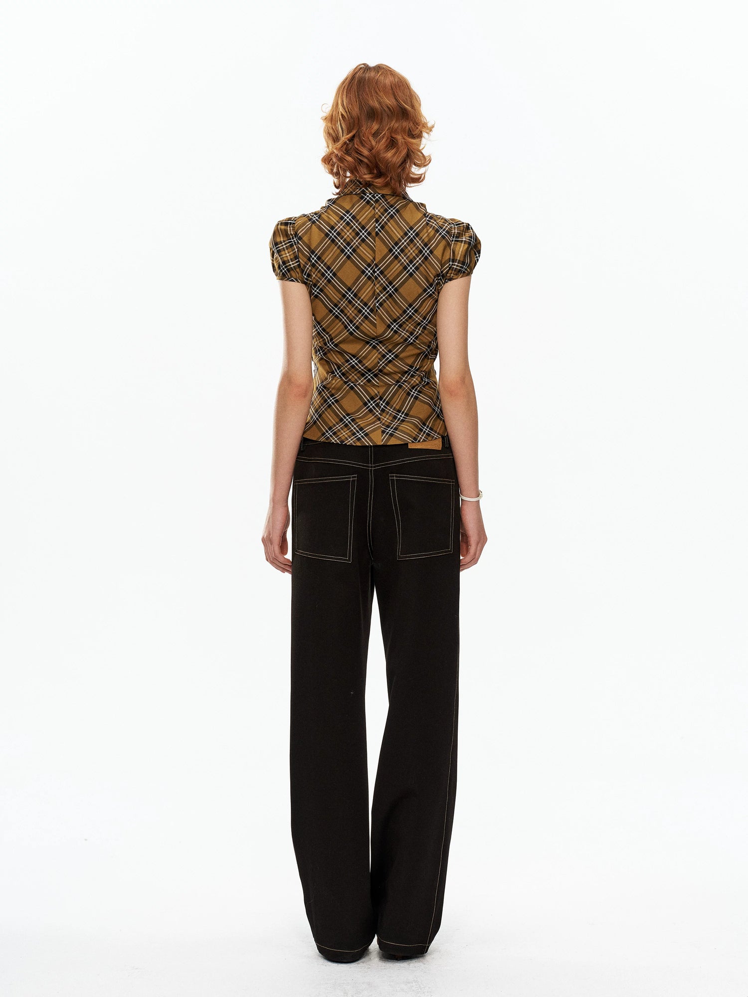 YOSHUYUKI Yellow Black Plaid Ruched Stretch Fitted Women&