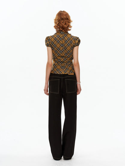 YOSHUYUKI Yellow Black Plaid Ruched Stretch Fitted Women&