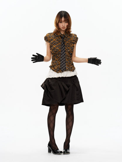 YOSHUYUKI Yellow Black Plaid Ruched Stretch Fitted Women&