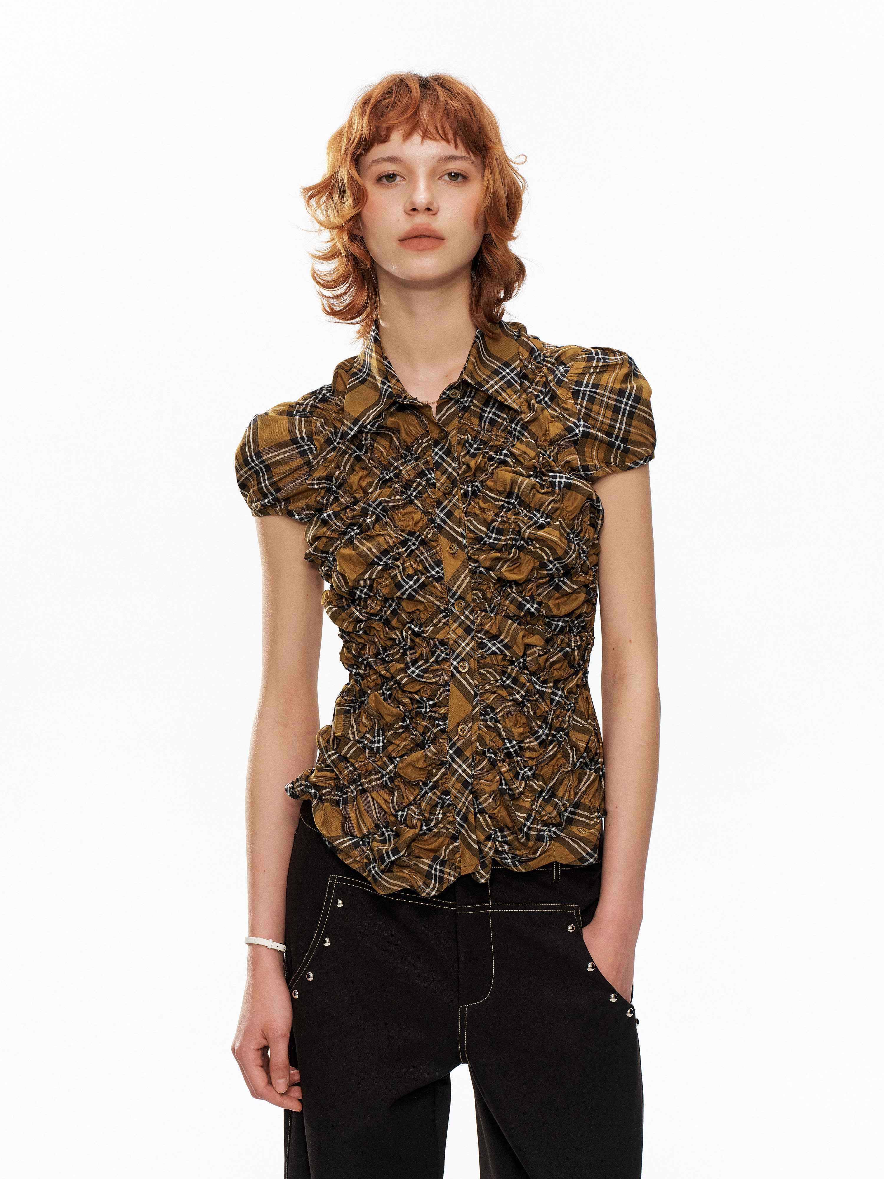 YOSHUYUKI_Yellow_Black_Plaid_Ruched_Stretch_Fitted_Women&