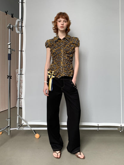 YOSHUYUKI Yellow Black Plaid Ruched Stretch Fitted Women&