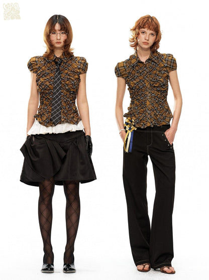 YOSHUYUKI Yellow Black Plaid Ruched Stretch Fitted Women&