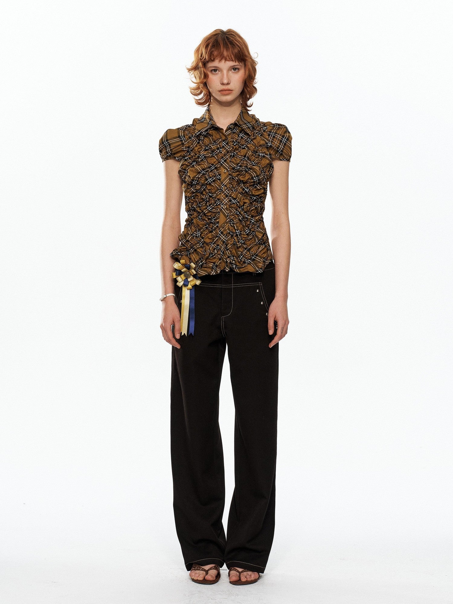 YOSHUYUKI Yellow Black Plaid Ruched Stretch Fitted Women&