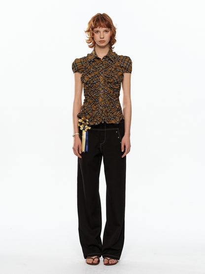 YOSHUYUKI Yellow Black Plaid Ruched Stretch Fitted Women&