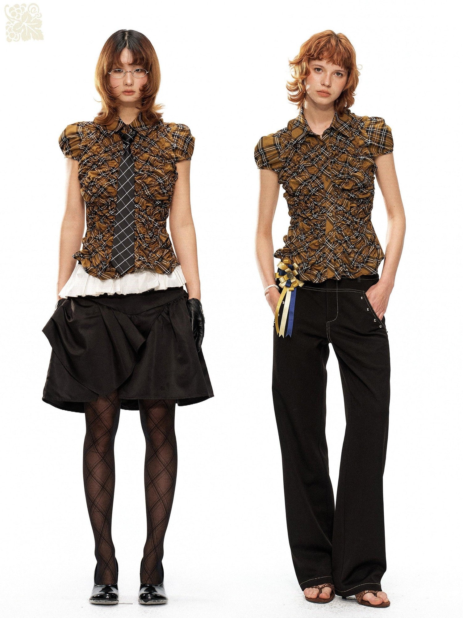 YOSHUYUKI Yellow Black Plaid Ruched Stretch Fitted Women&