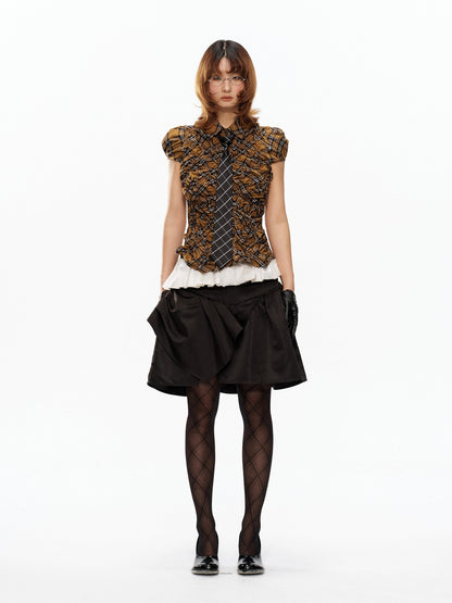 YOSHUYUKI Yellow Black Plaid Ruched Stretch Fitted Women&