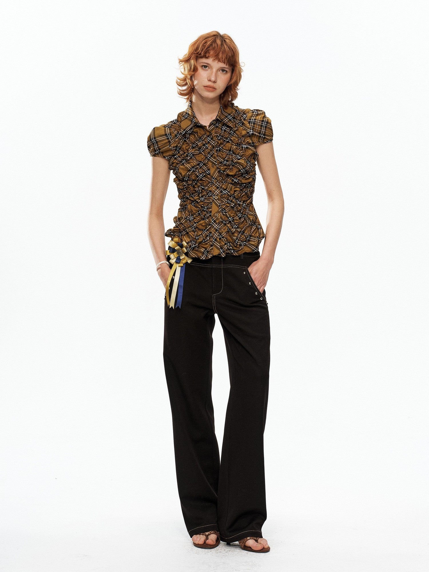 YOSHUYUKI Yellow Black Plaid Ruched Stretch Fitted Women&