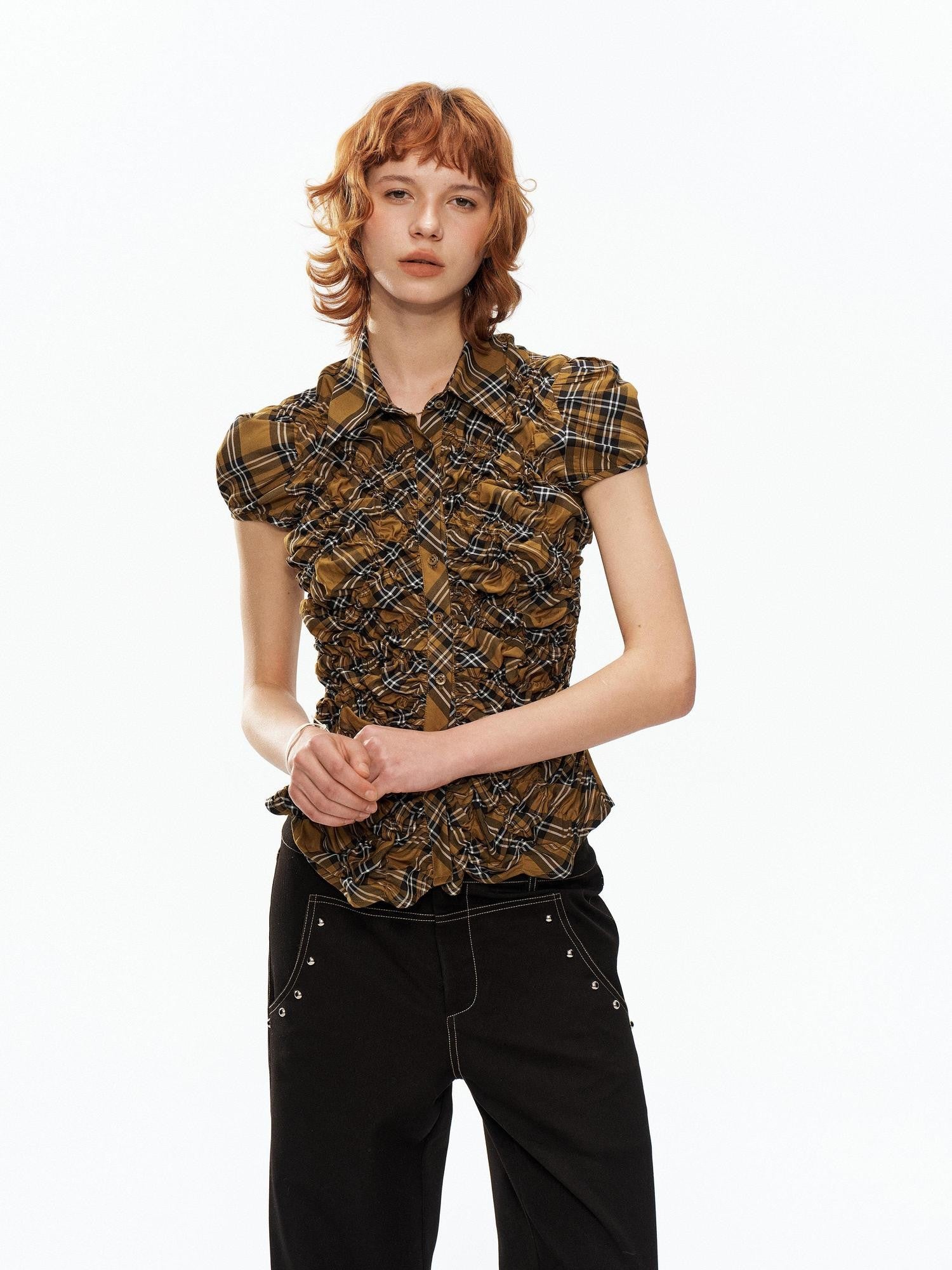 YOSHUYUKI Yellow Black Plaid Ruched Stretch Fitted Women&