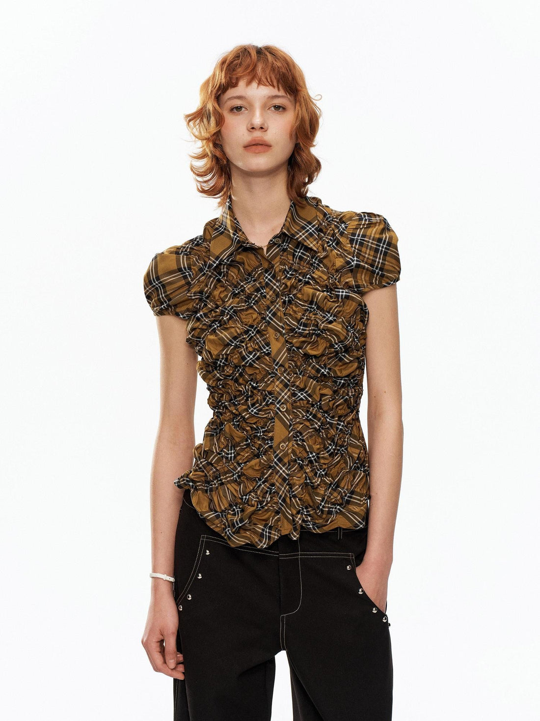 YOSHUYUKI Yellow Black Plaid Ruched Stretch Fitted Women&