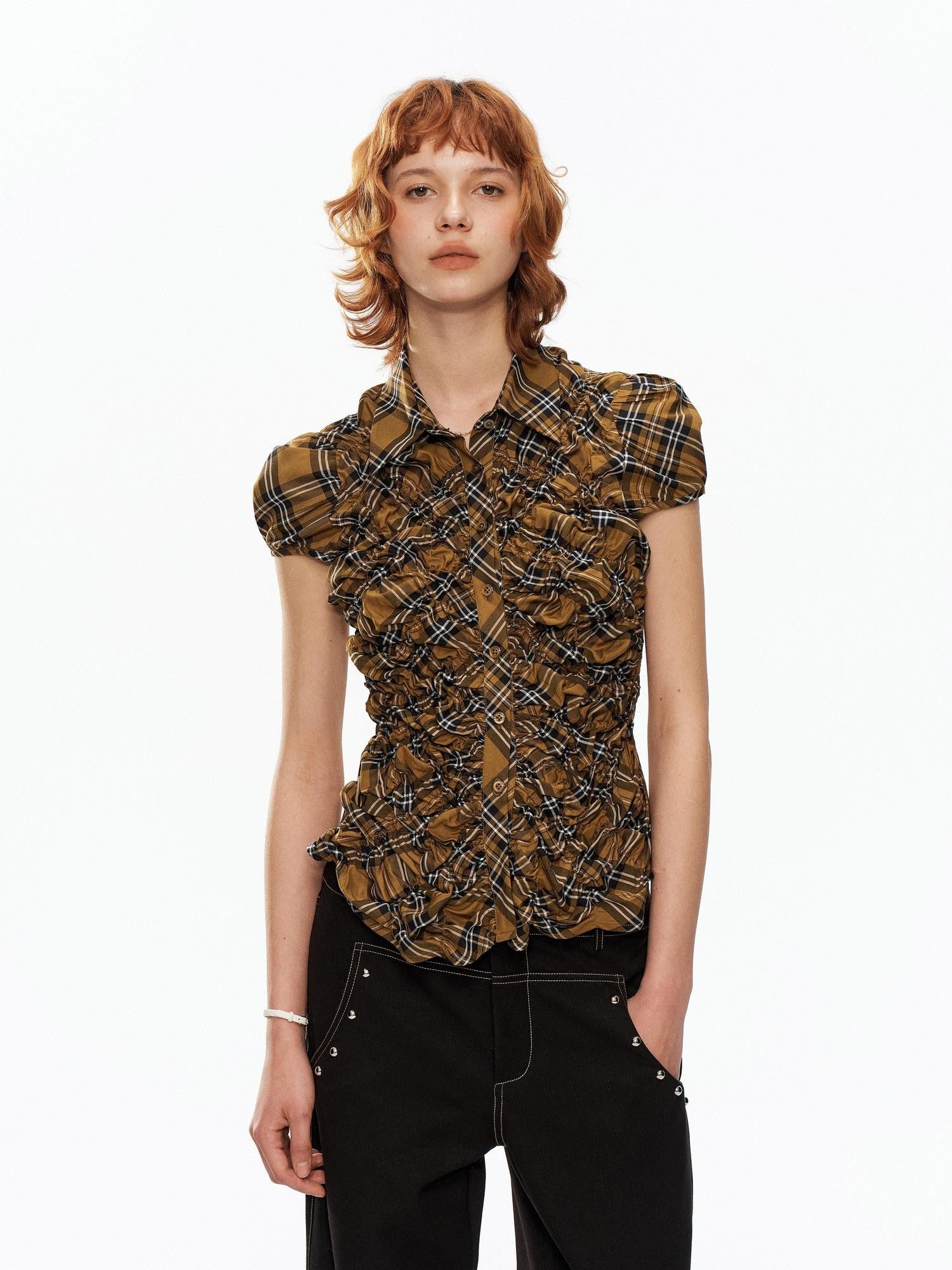 YOSHUYUKI Yellow Black Plaid Ruched Stretch Fitted Women&