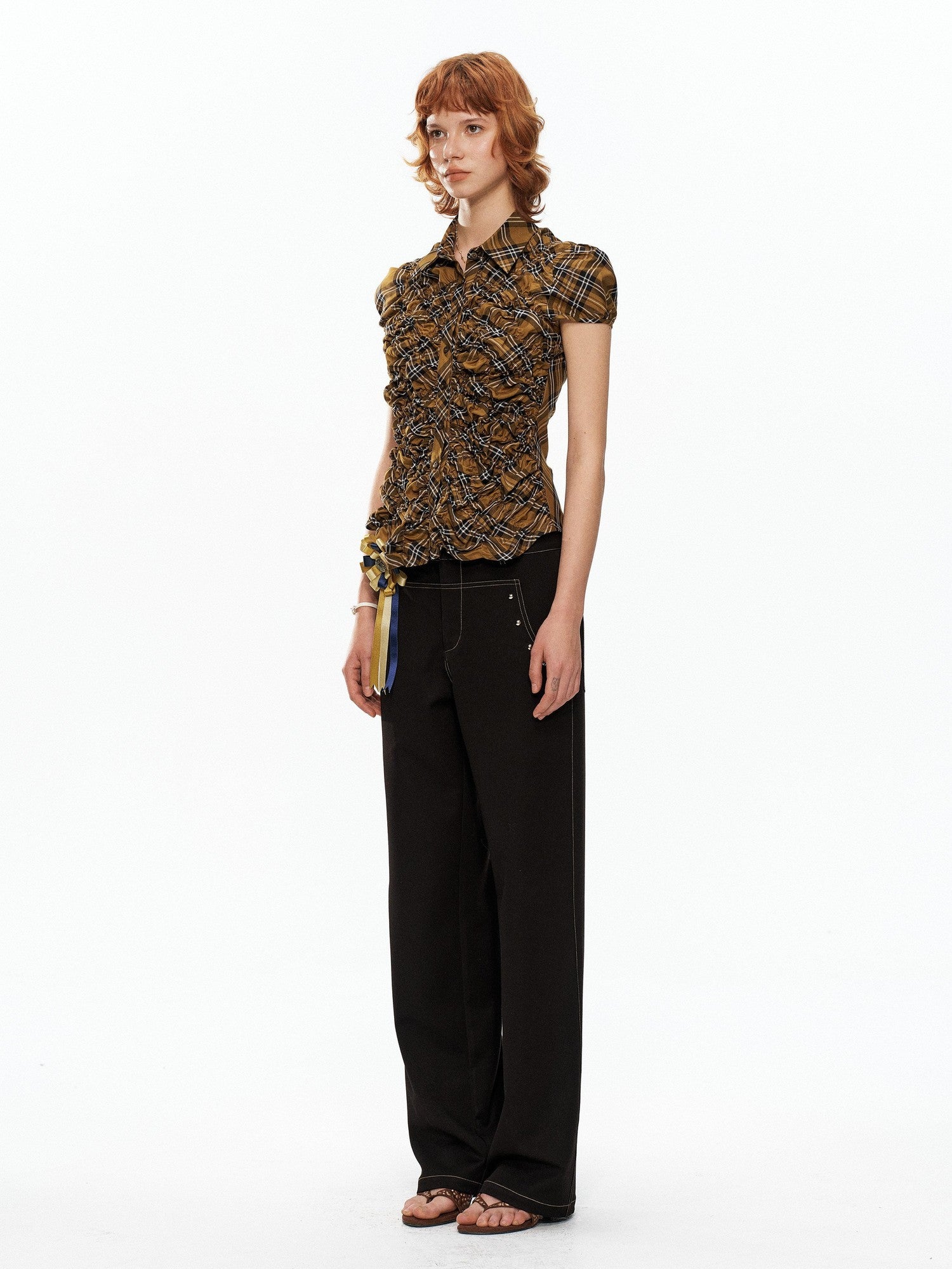 YOSHUYUKI Yellow Black Plaid Ruched Stretch Fitted Women&