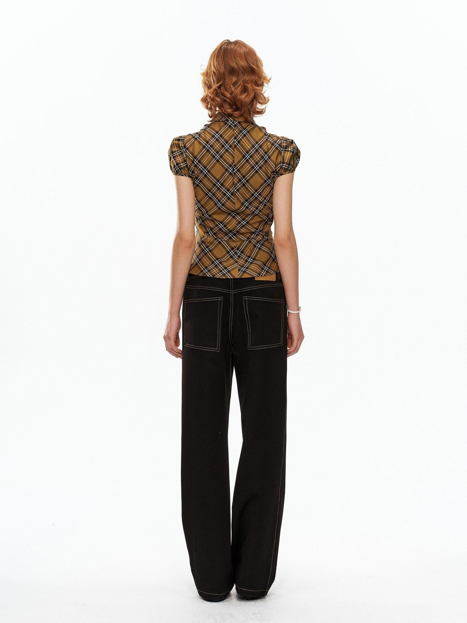YOSHUYUKI Yellow Black Plaid Ruched Stretch Fitted Women&