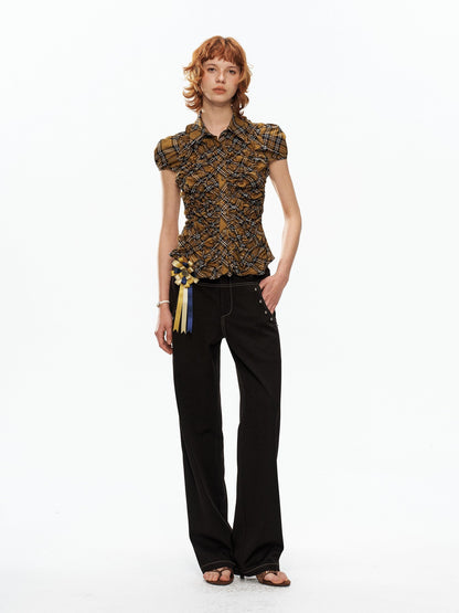 YOSHUYUKI Yellow Black Plaid Ruched Stretch Fitted Women&