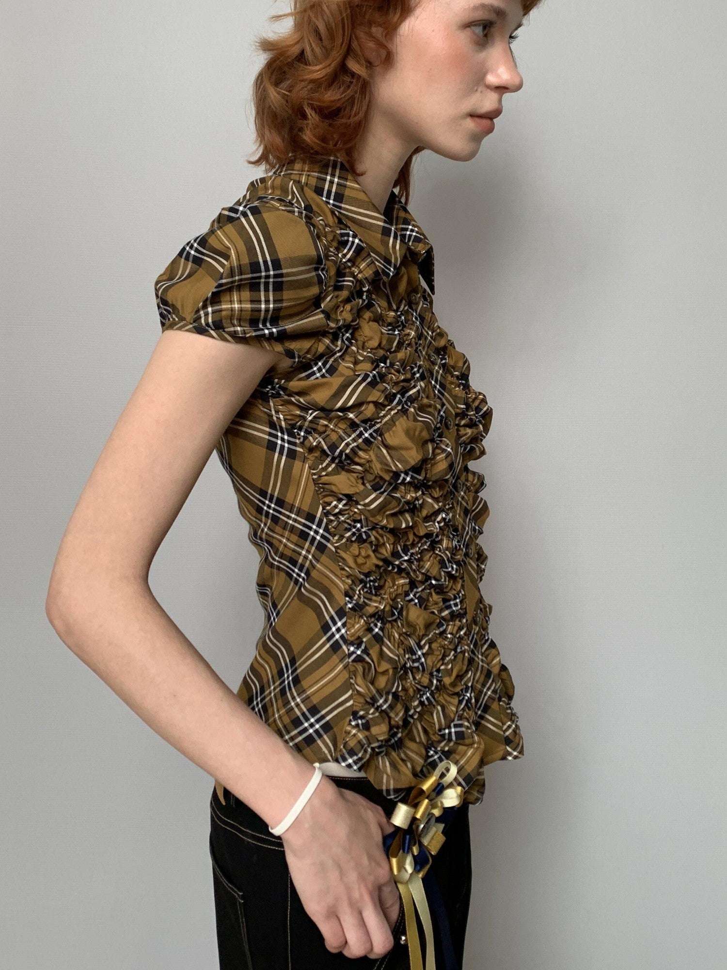 YOSHUYUKI Yellow Black Plaid Ruched Stretch Fitted Women&