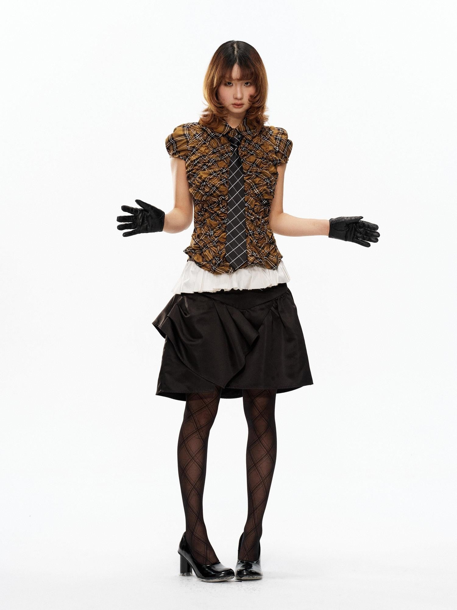 YOSHUYUKI Yellow Black Plaid Ruched Stretch Fitted Women&