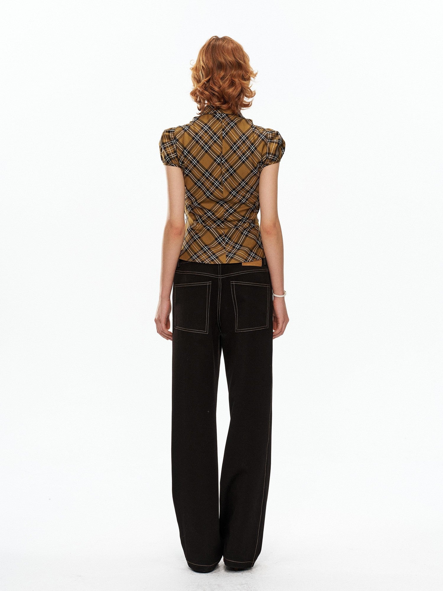 YOSHUYUKI Yellow Black Plaid Ruched Stretch Fitted Women&