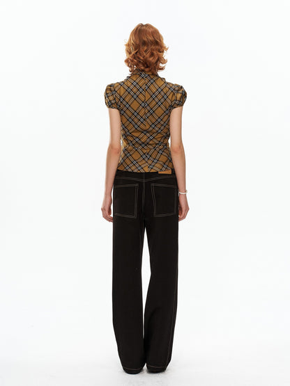 YOSHUYUKI Yellow Black Plaid Ruched Stretch Fitted Women&