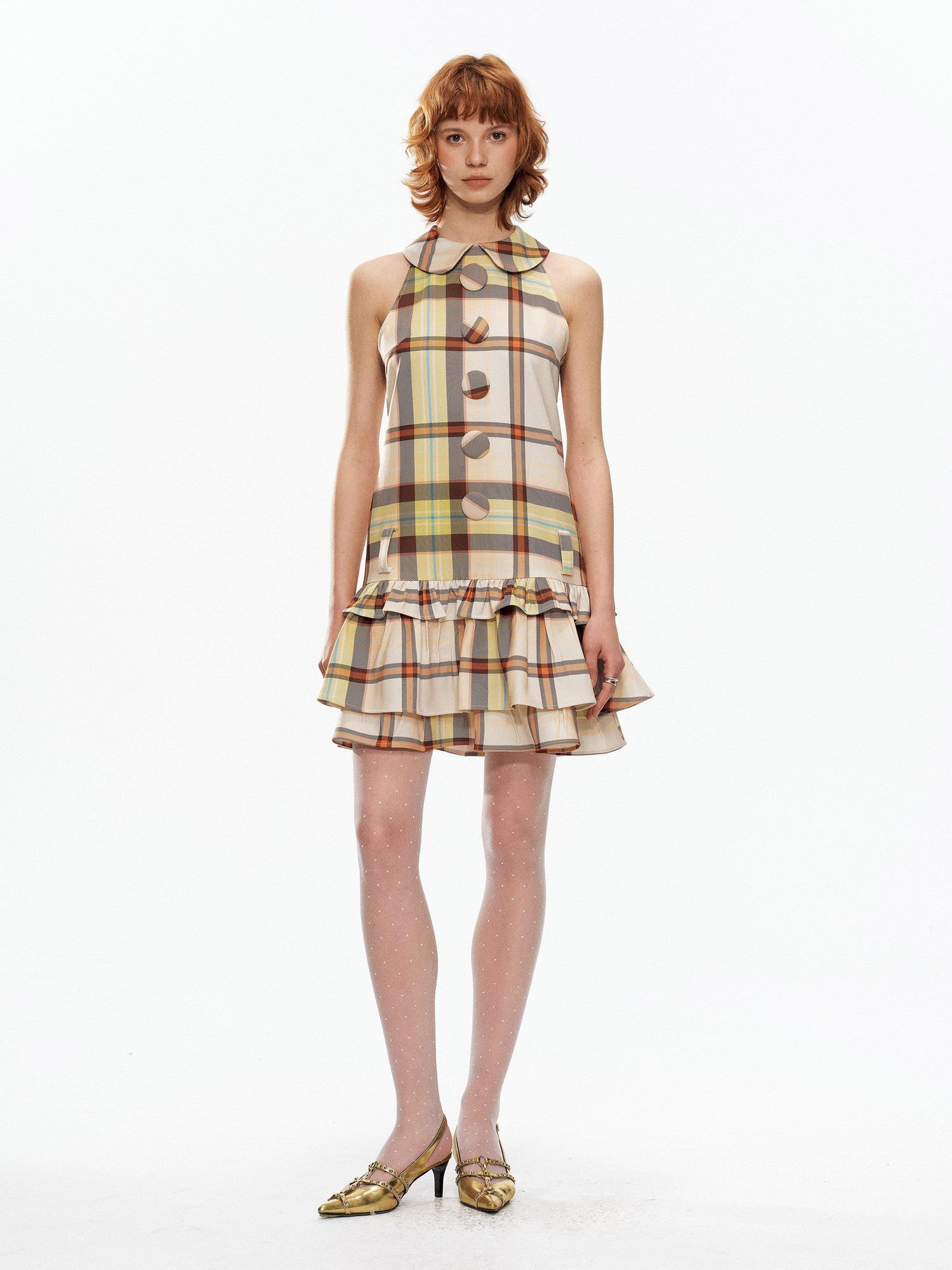 YOSHUYUKI Yellow Green Plaid Doll Collar Raglan A Line Women&