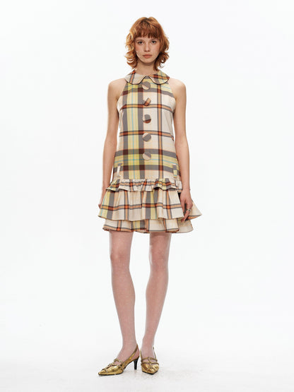 YOSHUYUKI Yellow Green Plaid Doll Collar Raglan A Line Women&