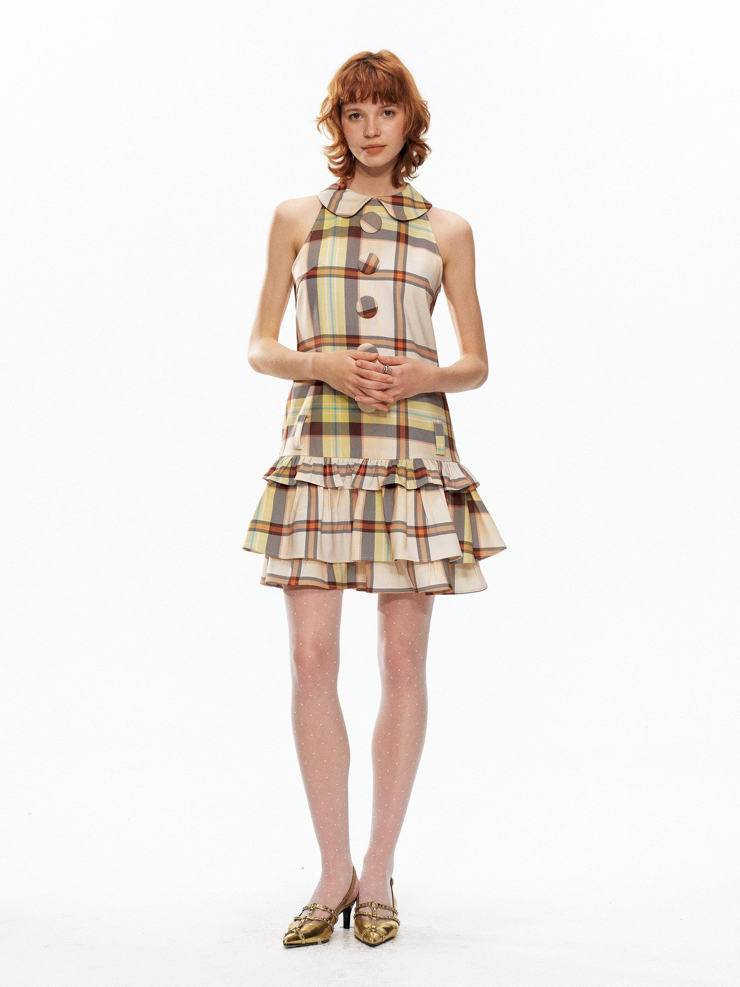 YOSHUYUKI Yellow Green Plaid Doll Collar Raglan A Line Women&