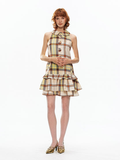 YOSHUYUKI Yellow Green Plaid Doll Collar Raglan A Line Women&