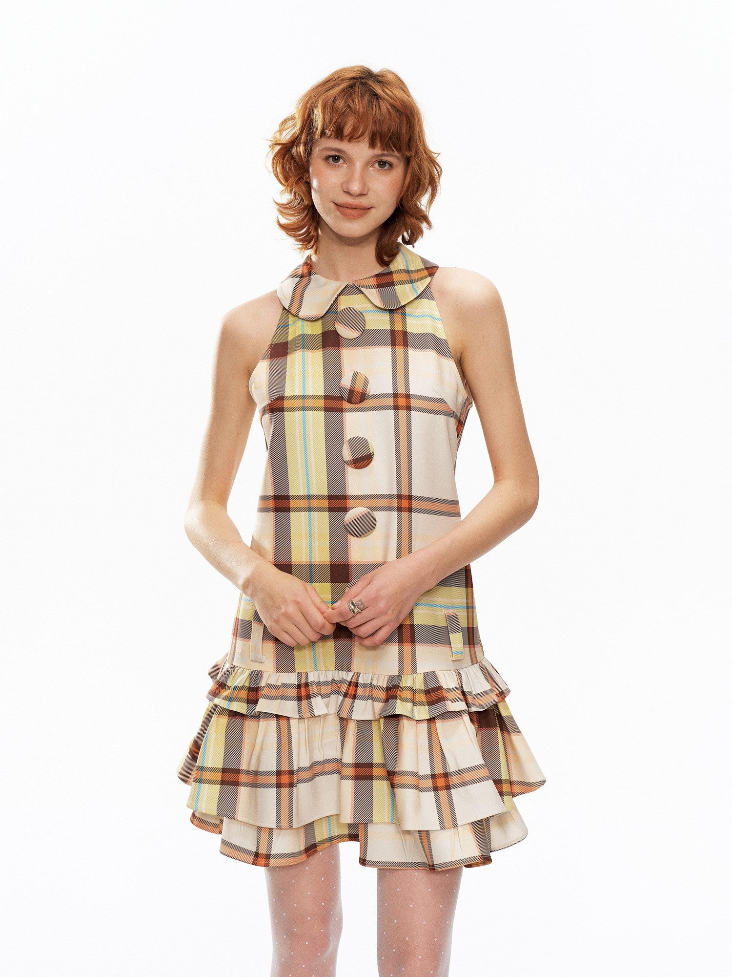 YOSHUYUKI Yellow Green Plaid Doll Collar Raglan A Line Women&