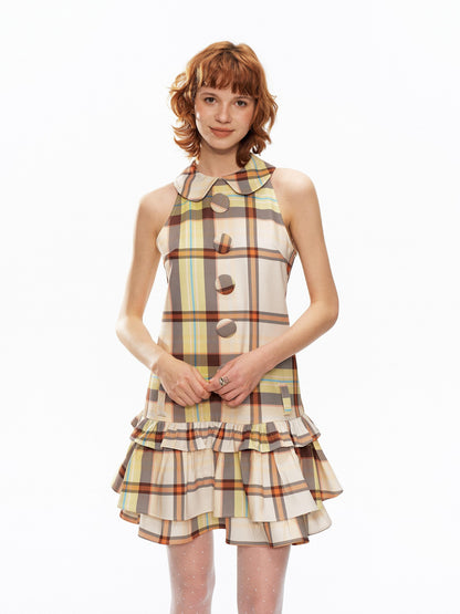 YOSHUYUKI Yellow Green Plaid Doll Collar Raglan A Line Women&