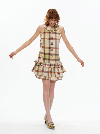 YOSHUYUKI Yellow Green Plaid Doll Collar Raglan A Line Women&
