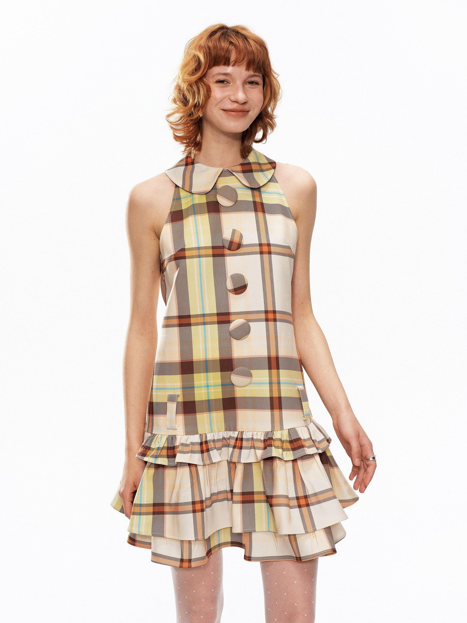 YOSHUYUKI Yellow Green Plaid Doll Collar Raglan A Line Women&