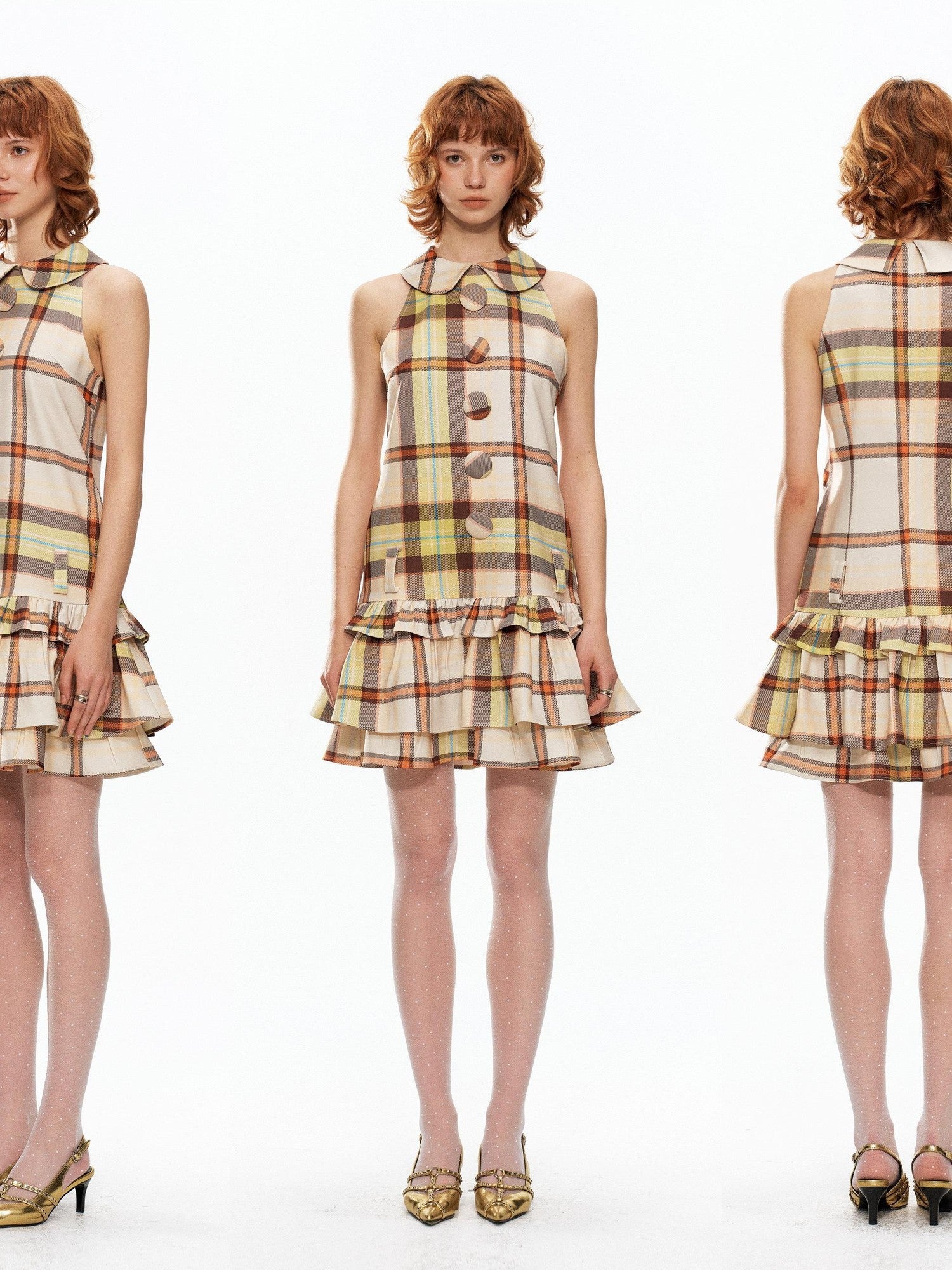 YOSHUYUKI Yellow Green Plaid Doll Collar Raglan A Line Women&