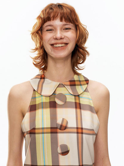 YOSHUYUKI Yellow Green Plaid Doll Collar Raglan A Line Women&