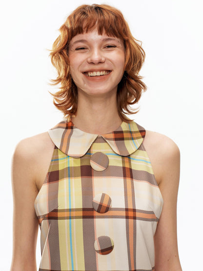 YOSHUYUKI Yellow Green Plaid Doll Collar Raglan A Line Women&