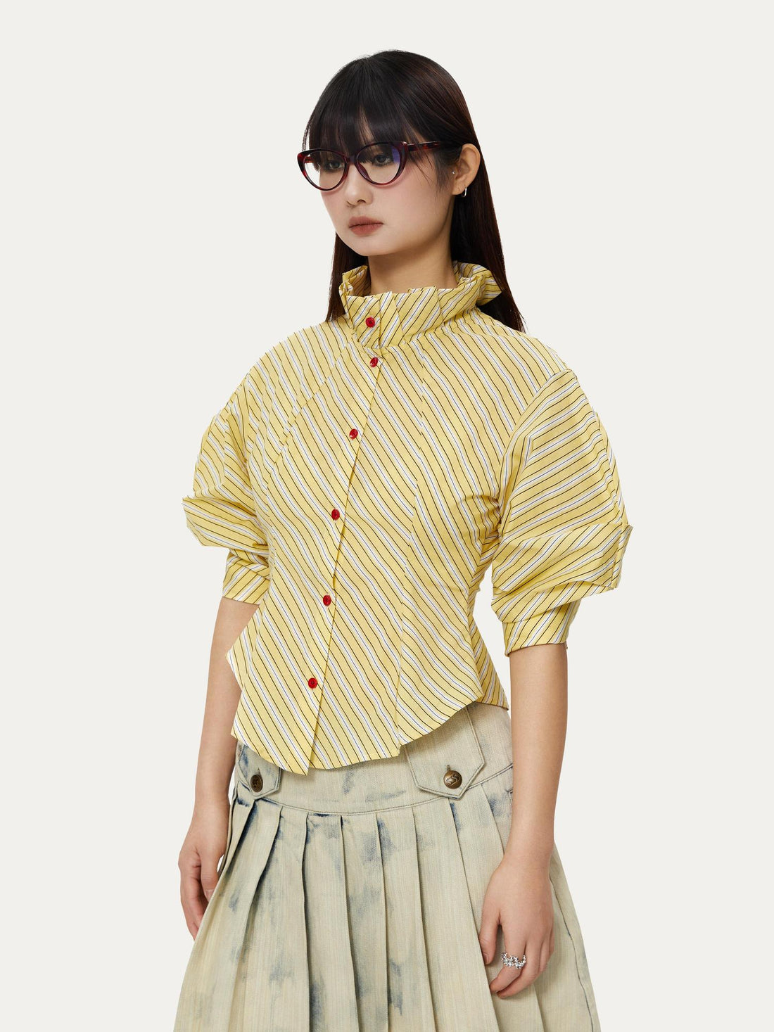 YOSHUYUKI Yellow Stripe Vintage Luff Puff Short Sleeve Shirt