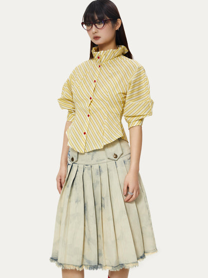 YOSHUYUKI Yellow Stripe Vintage Luff Puff Short Sleeve Shirt