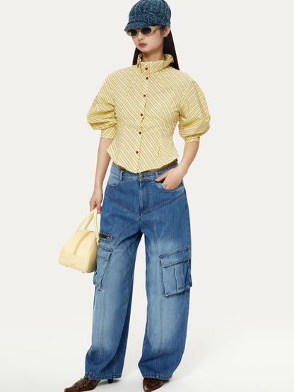 YOSHUYUKI Yellow Stripe Vintage Luff Puff Short Sleeve Shirt
