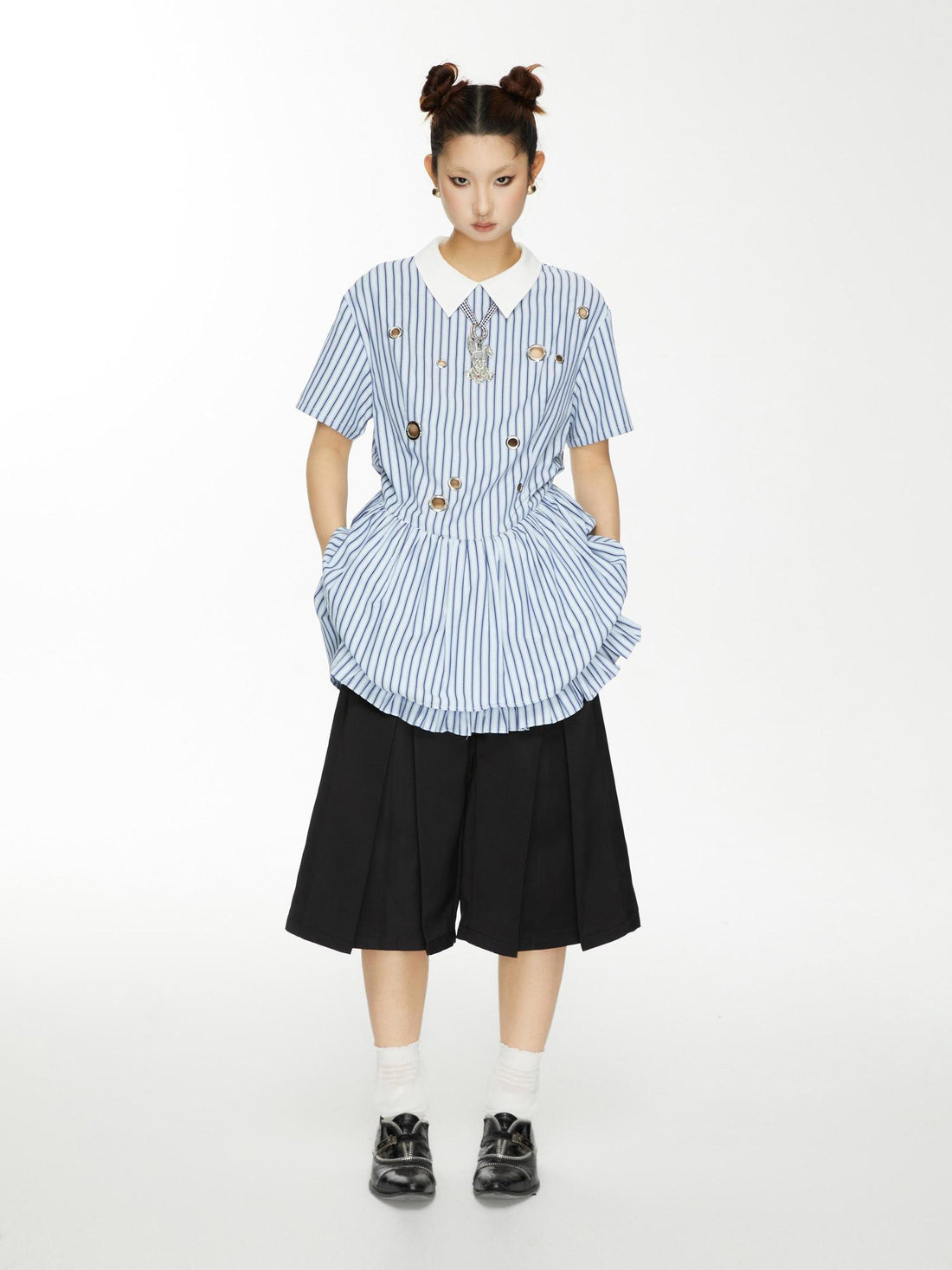 YOSHUYUKI Yoshu Yuki Striped Shirt Dress With Eyelet Punk Trim