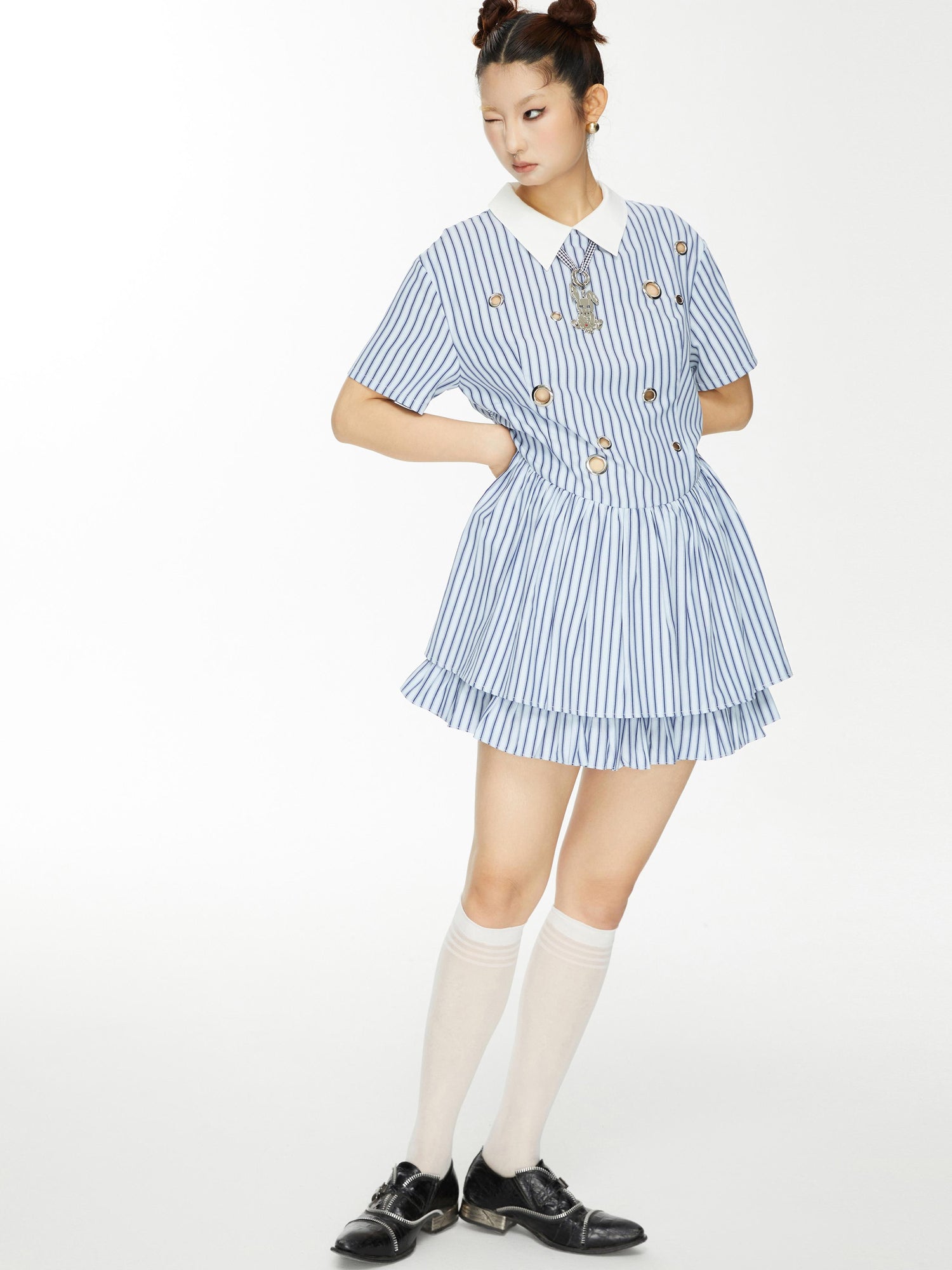 YOSHUYUKI Yoshu Yuki Striped Shirt Dress With Eyelet Punk Trim